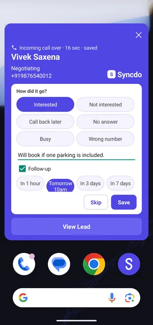 Syncdo on Android: the after-call card with Interested picked, a note typed and a follow-up for tomorrow 10am
