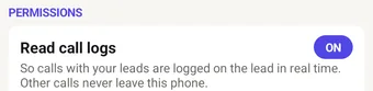 Syncdo on Android, phone settings: Read call logs is on, so calls with your leads are logged on the lead in real time; other calls never leave this phone