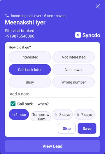 Syncdo on Android: after a call, Call back later picked and the card asking when — in 1 hour, tomorrow 10am, in 3 or 7 days