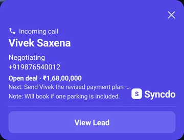 Syncdo on Android: the caller-ID card — the lead's name, stage, open deal, next step and last note, with View Lead