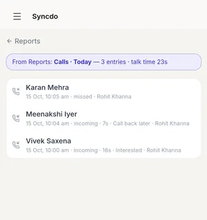 Syncdo on Android: today's calls, each logged with its outcome