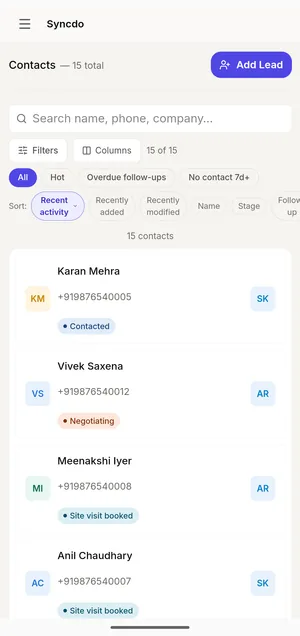 Syncdo on Android: Contacts — every lead with their number, stage and owner, with search, filters and Add Lead