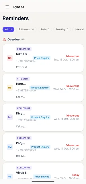 Syncdo on Android: the Reminders list, overdue follow-ups and site visits first, each with its lead and time