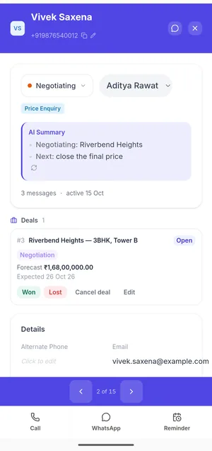 Syncdo on Android: the lead the reminder opened — stage, AI summary and the open deal, with Call, WhatsApp and Reminder at the bottom