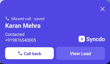 Syncdo on Android: a missed call from a lead, saved, with Call back and View Lead