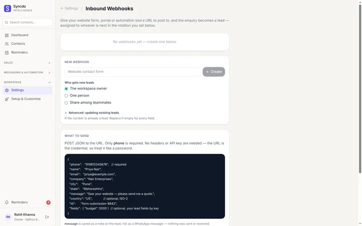 Inbound webhooks, What to send: POST JSON to the URL — only phone is required; name, email, company, city, state, message and your own fields are optional