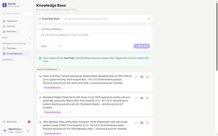 The Syncdo dashboard: the Knowledge Base — paste a rate sheet, add a rule, and the rules taught from WhatsApp by category