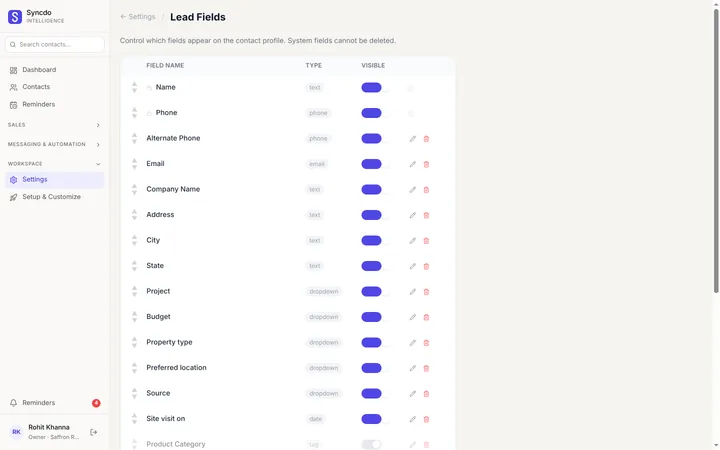 The Syncdo dashboard, Settings → Lead Fields: the fields on every lead, each with its type and a visible switch