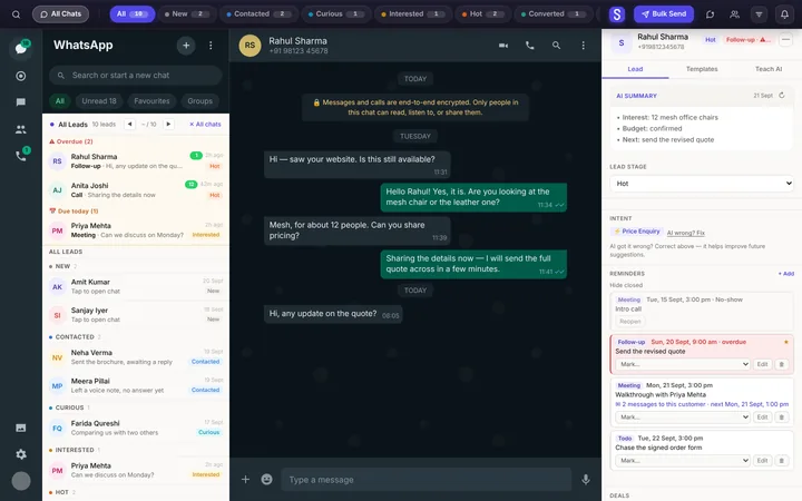 Syncdo inside WhatsApp Web: the lead list — overdue and due today first, then every lead by stage