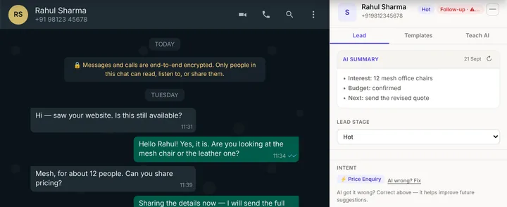 Syncdo inside WhatsApp Web: a quote enquiry beside the chat, with the AI summary, the lead stage and the intent