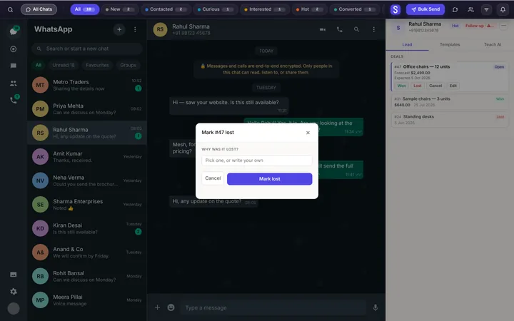 Syncdo inside WhatsApp Web: marking a deal lost asks why, from your own list or in your own words