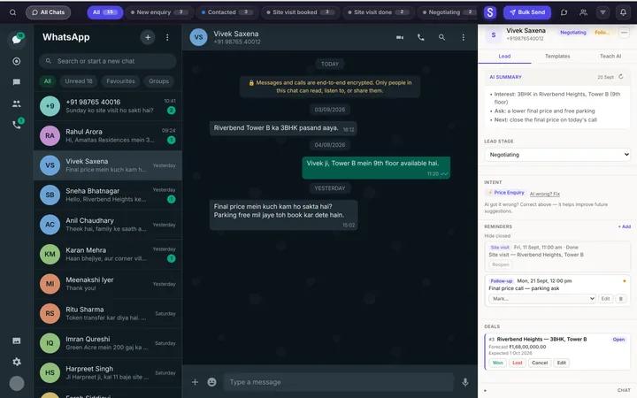 Syncdo inside WhatsApp Web: a lead's stage, follow-up and deal beside the chat