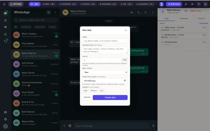 Syncdo inside WhatsApp Web: the New deal form beside the chat (name, value and currency, deal stage), with the lead's earlier deals won and lost