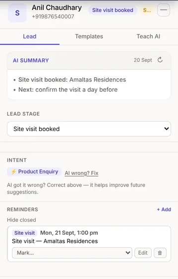 Syncdo inside WhatsApp Web: a lead with a booked site visit — the AI summary, the stage Site visit booked and the Site visit reminder