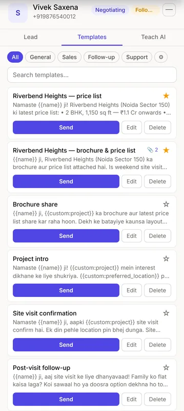 Syncdo inside WhatsApp Web: the Templates tab — categories, search, and saved templates such as the brochure and price list, each one Send away