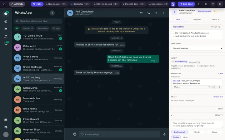 Syncdo inside WhatsApp Web: a site-visit reminder on a lead