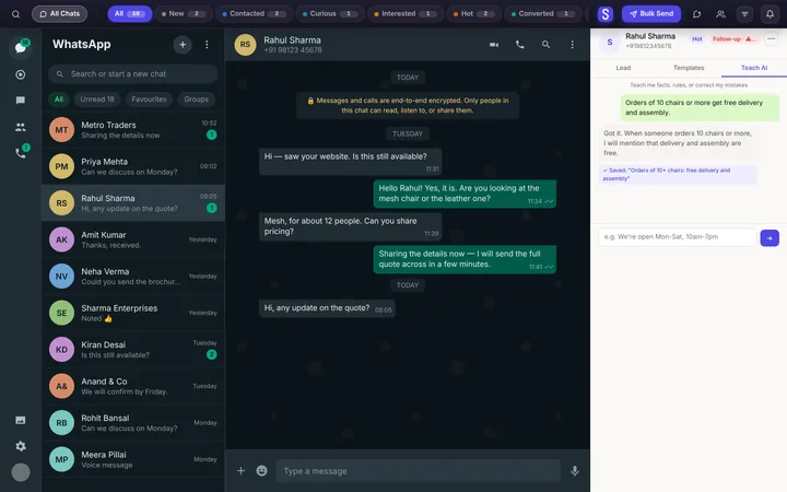 Syncdo inside WhatsApp Web: the Teach AI tab — a fact typed in plain words, the AI's answer, and Saved